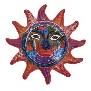 Mexican Folk Art Sun Face Solor Eclipse Sculpture Hand Painted Clay Pottery